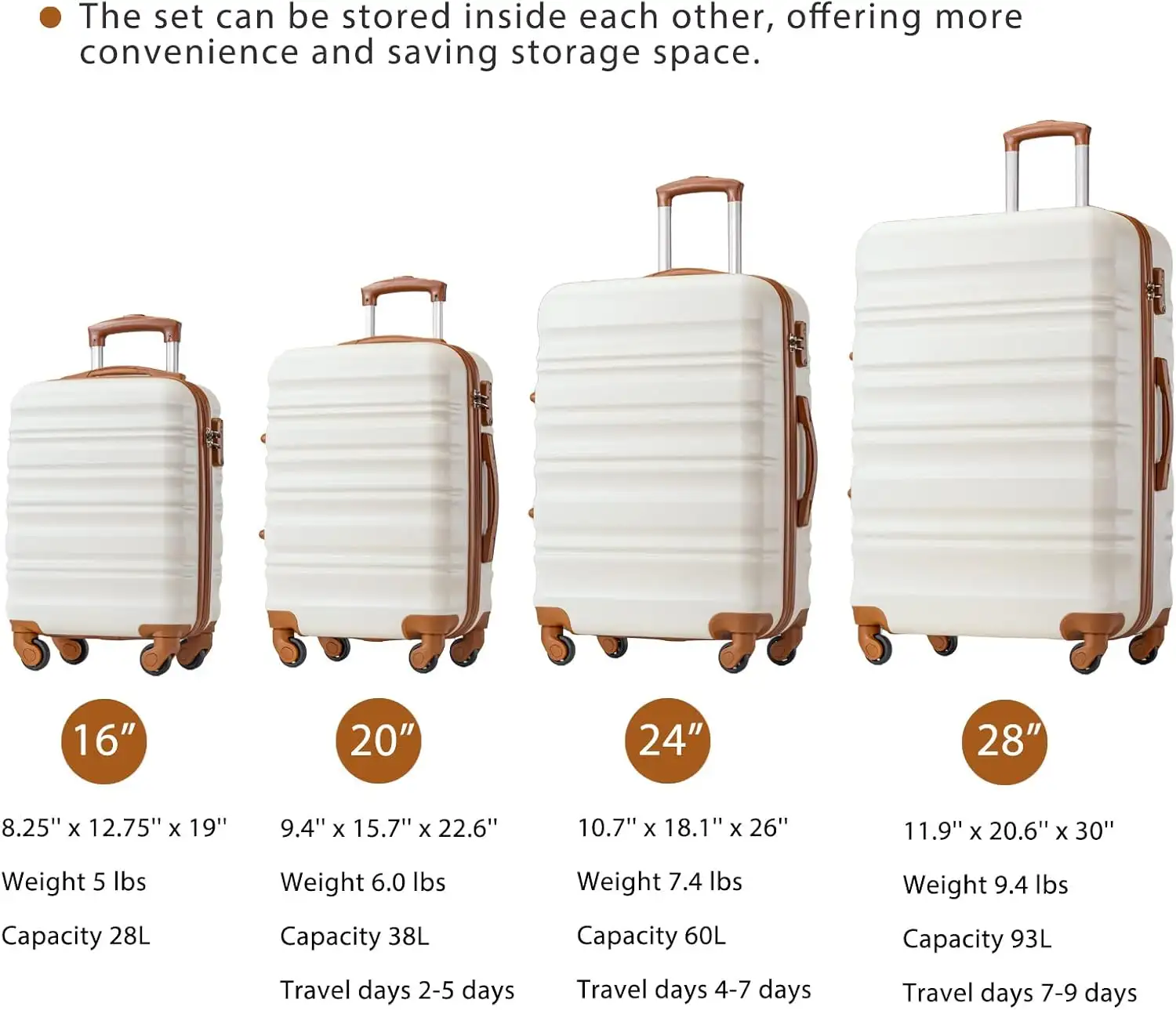 LONG VACATION Luggage Set 4 Piece Luggage ABS hardshell TSA Carry on Suitcase (WHITE-BROWN, 6 piece set) - 71I9o5 3ZPL._AC_SL1500_